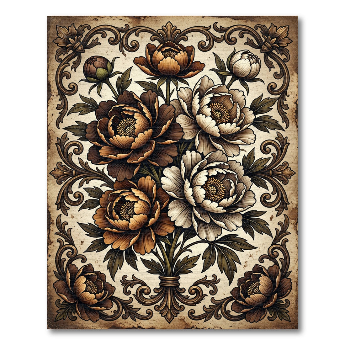 Rich Earthy Peony Floral Scroll Rug