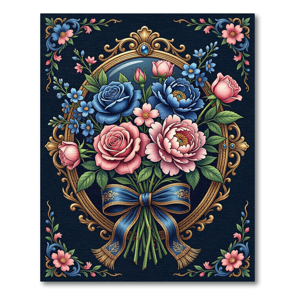 Victorian Floral Bouquet Gold Framed Embellishment Rug