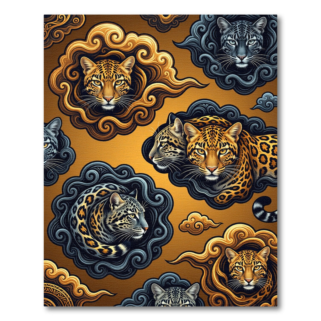 Golden Leopard Clouds and Slate Ink Swirls Rug