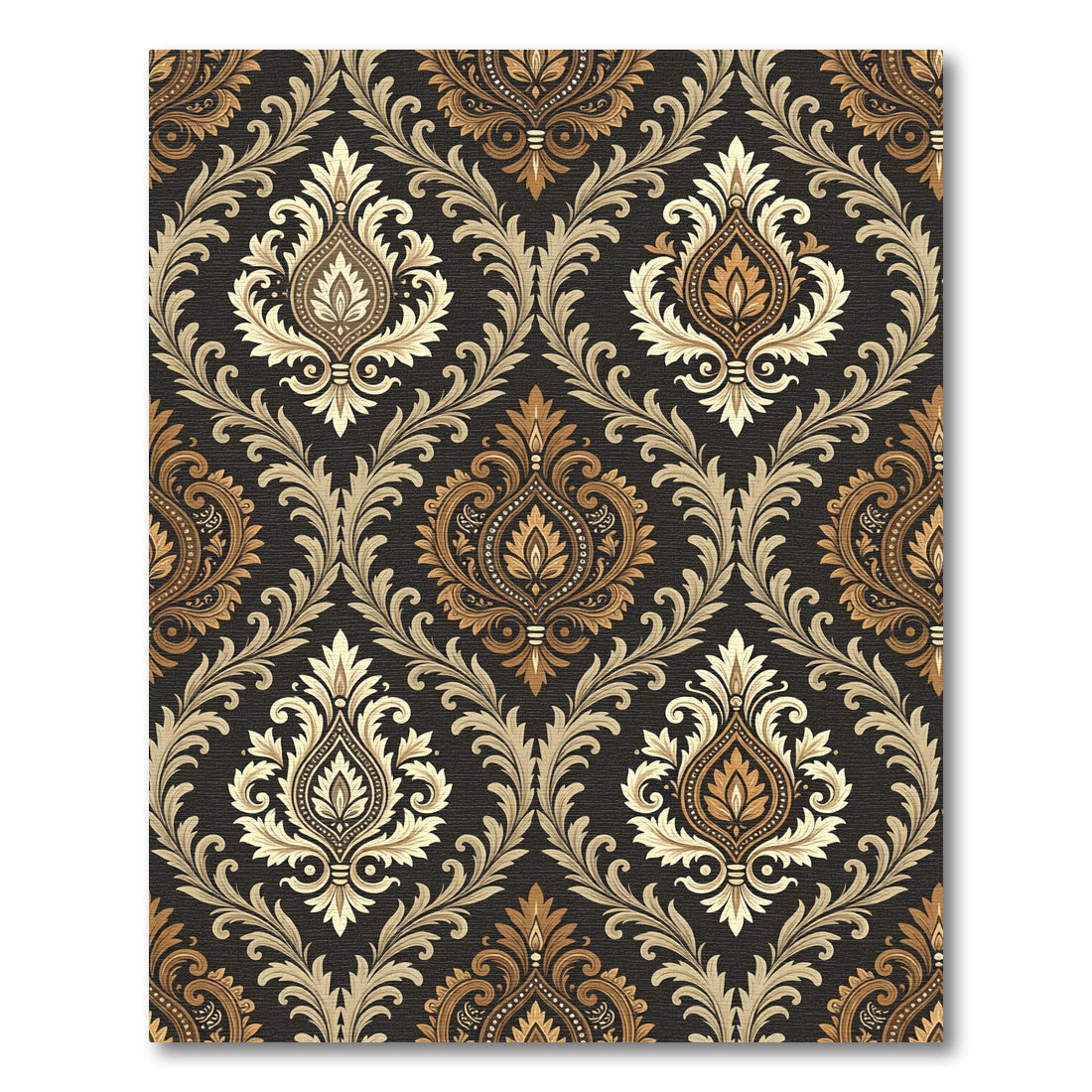 Elegant Cream and Bronze Damask Scroll Rug