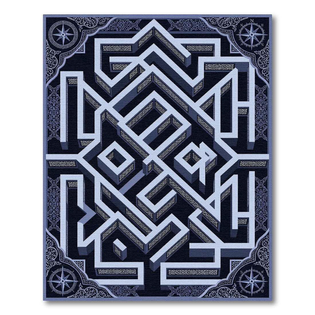 Geometric Navy Labyrinth Isometric Ornament Rug