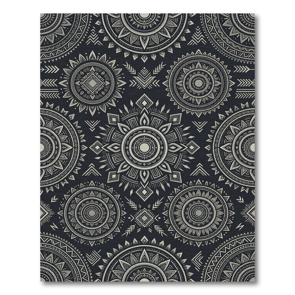 Monochromatic Dark Gray Tribal Mandala Rug