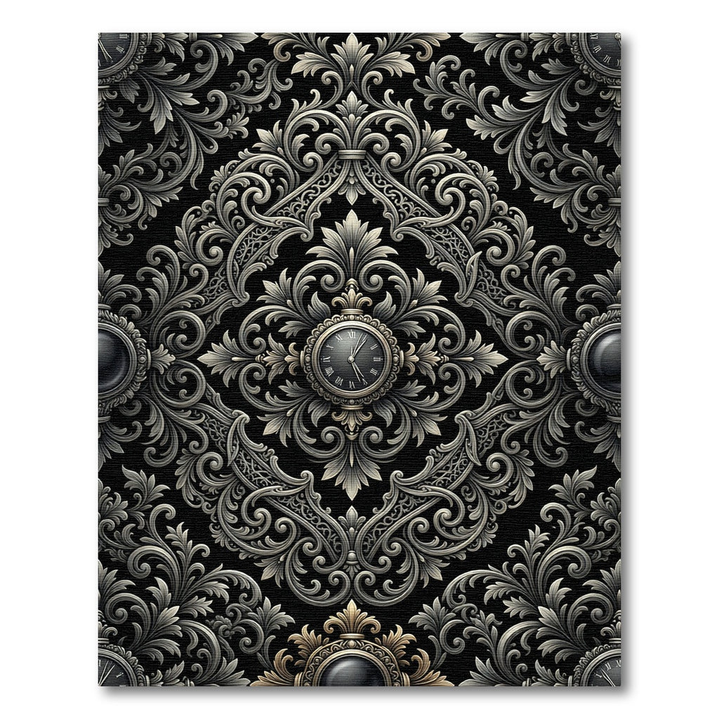 Ornate Black Silver Acanthus Clock Rug