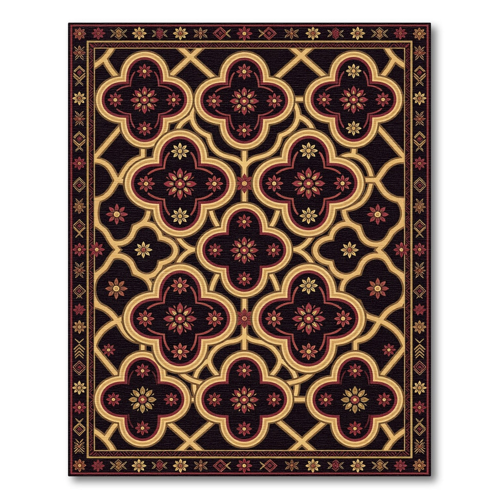 Crimson Gold Quatrefoil Floral Border Rug