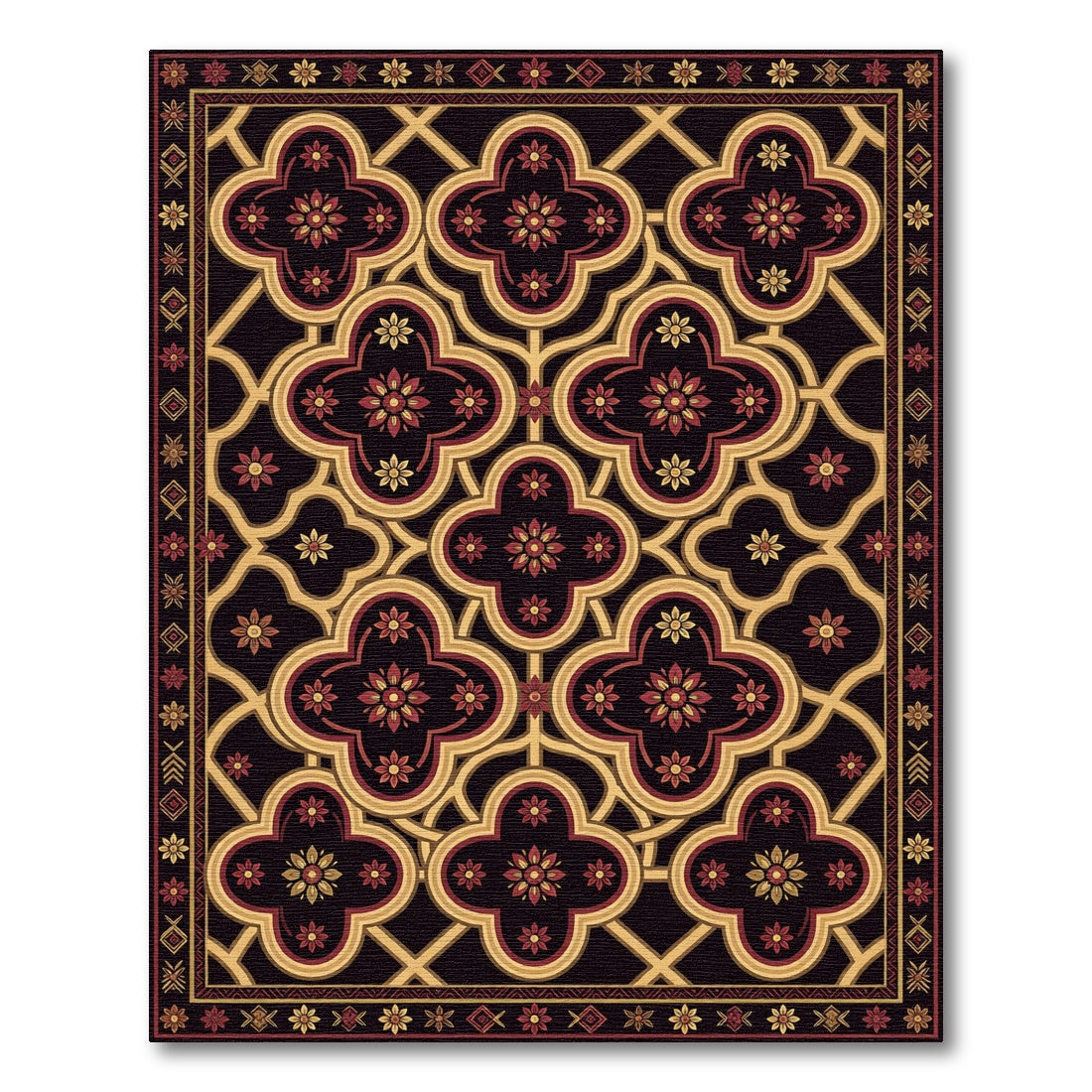 Crimson Gold Quatrefoil Floral Border Rug