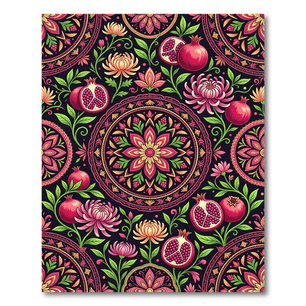 Vivid Pomegranates and Chrysanthemums Mandala Rug