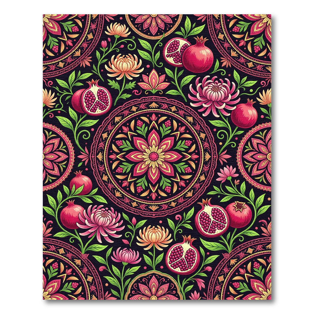 Vivid Pomegranates and Chrysanthemums Mandala Rug