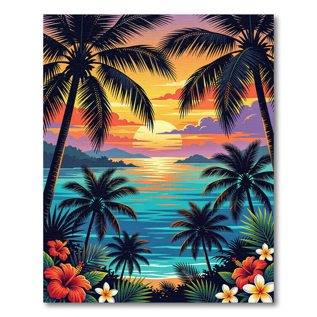 Tropical Sunset Palm Tree Beach Landscape Rug