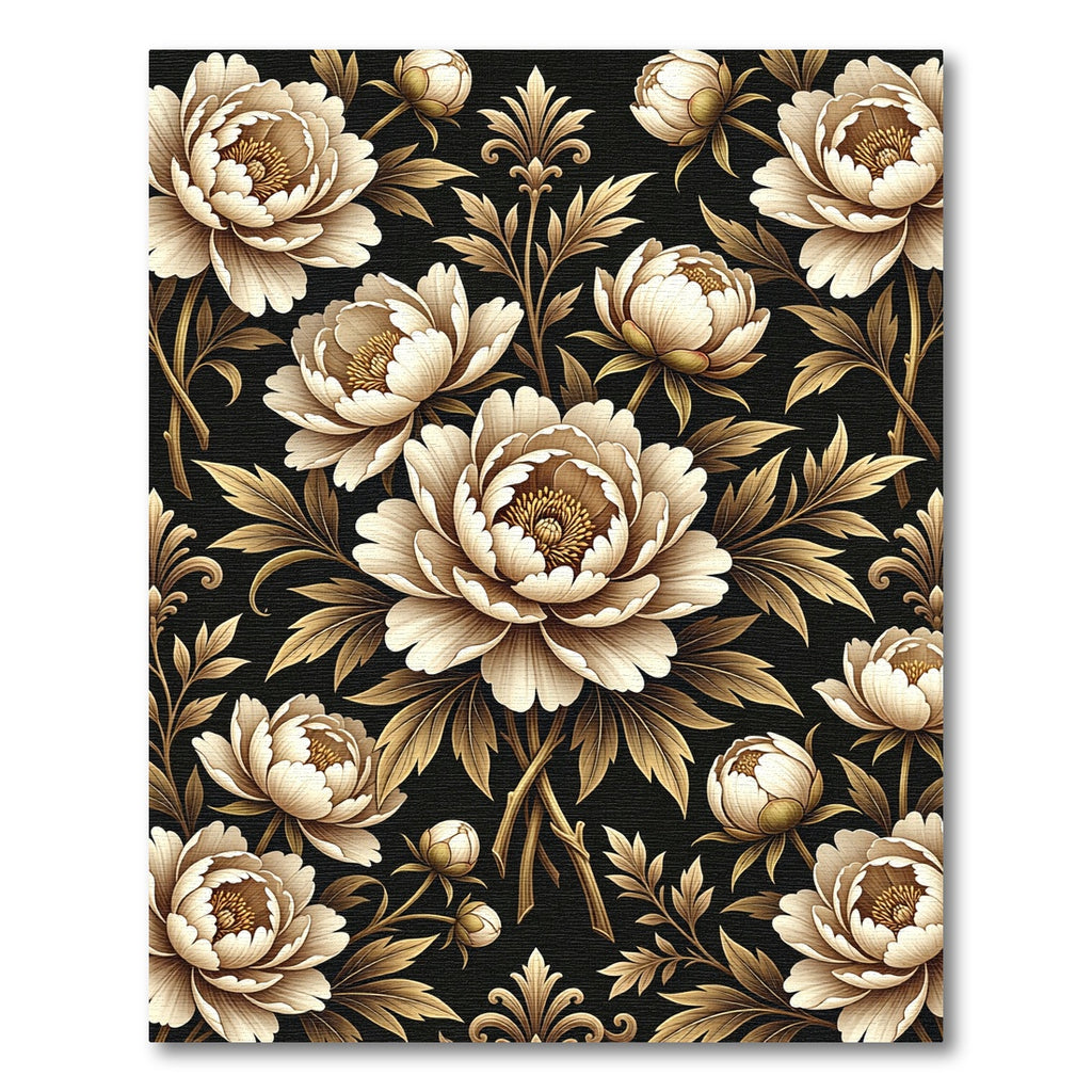 Elegant Golden Peony Floral Black Art Rug