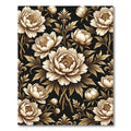 Elegant Golden Peony Floral Black Art Rug