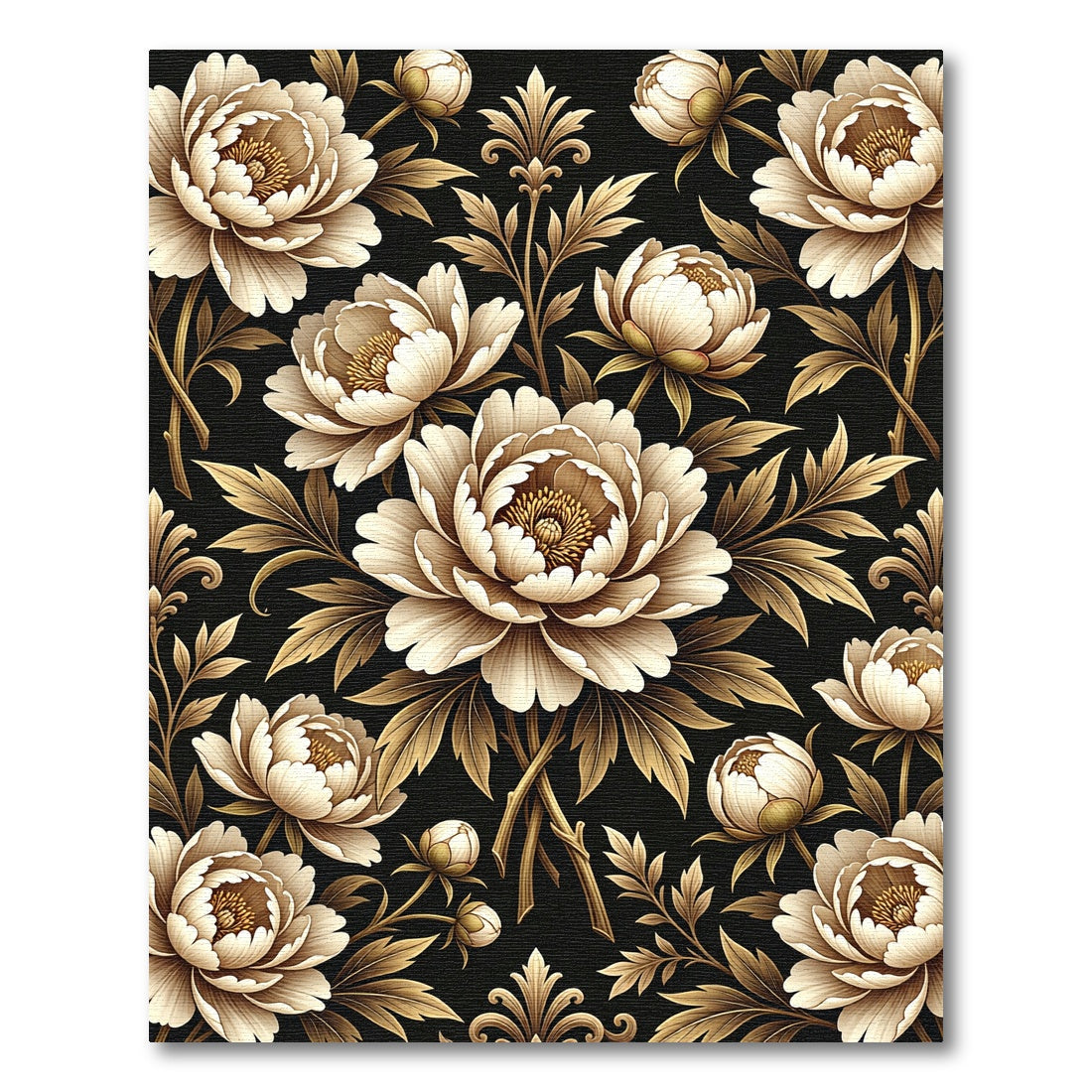 Elegant Golden Peony Floral Black Art Rug