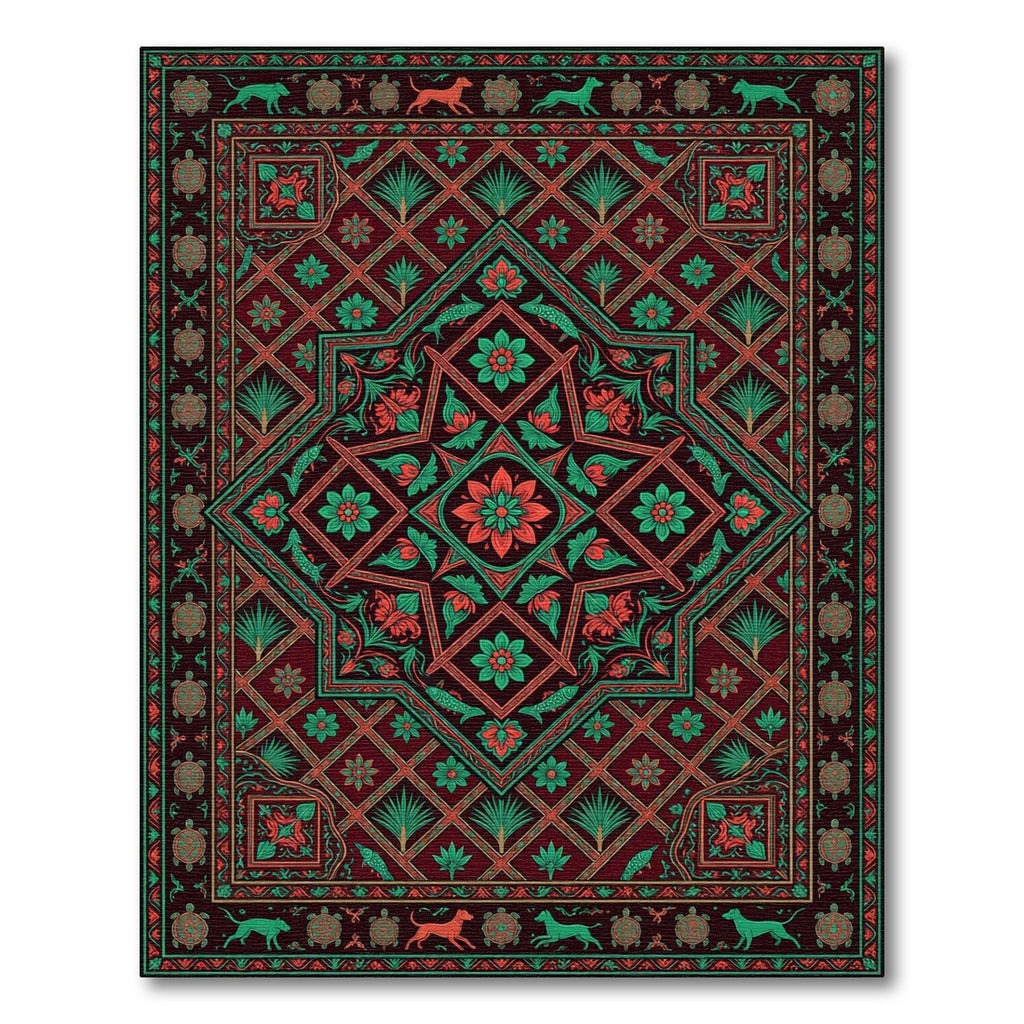 Rich Red Teal Floral Wildlife Medallion Rug