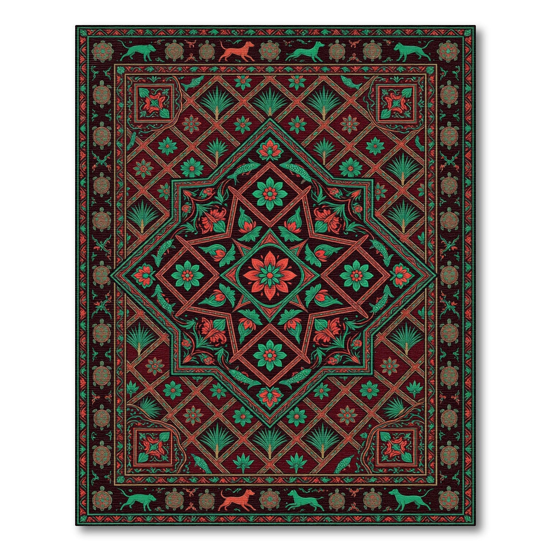Rich Red Teal Floral Wildlife Medallion Rug