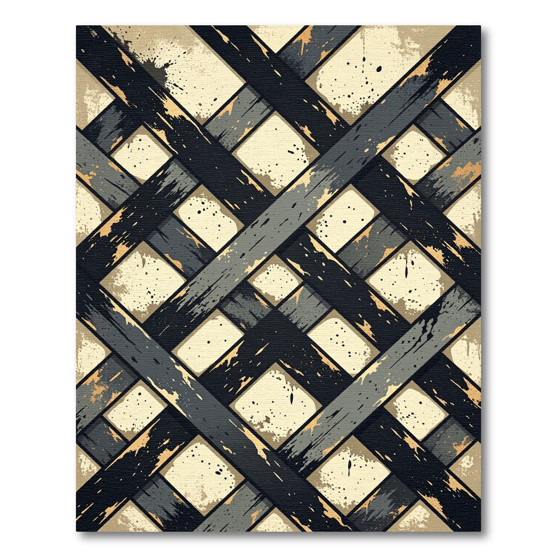 Distressed Charcoal and Cream Grid Rug