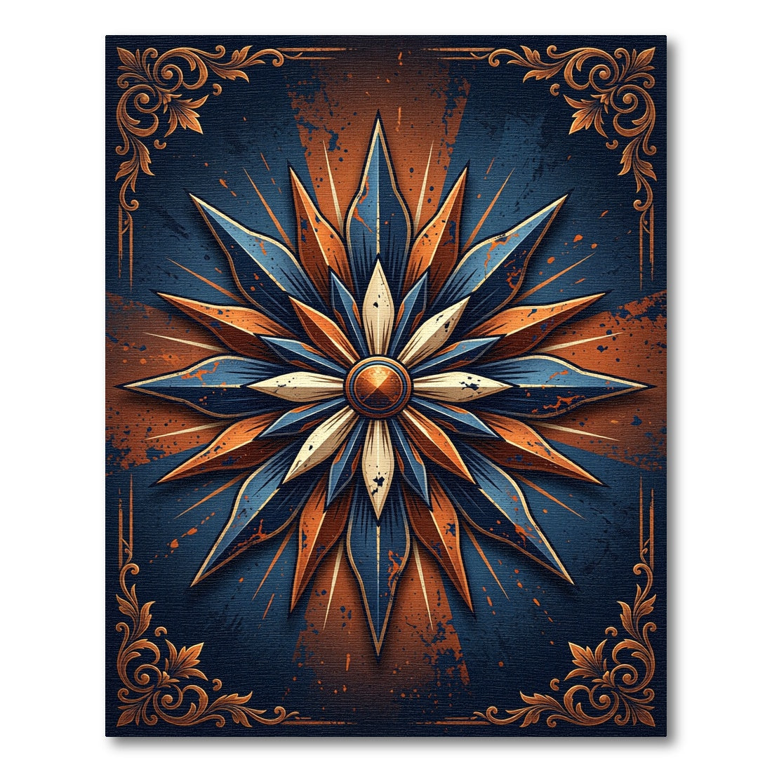 Deep Blue Orange Starburst Emblem Rug