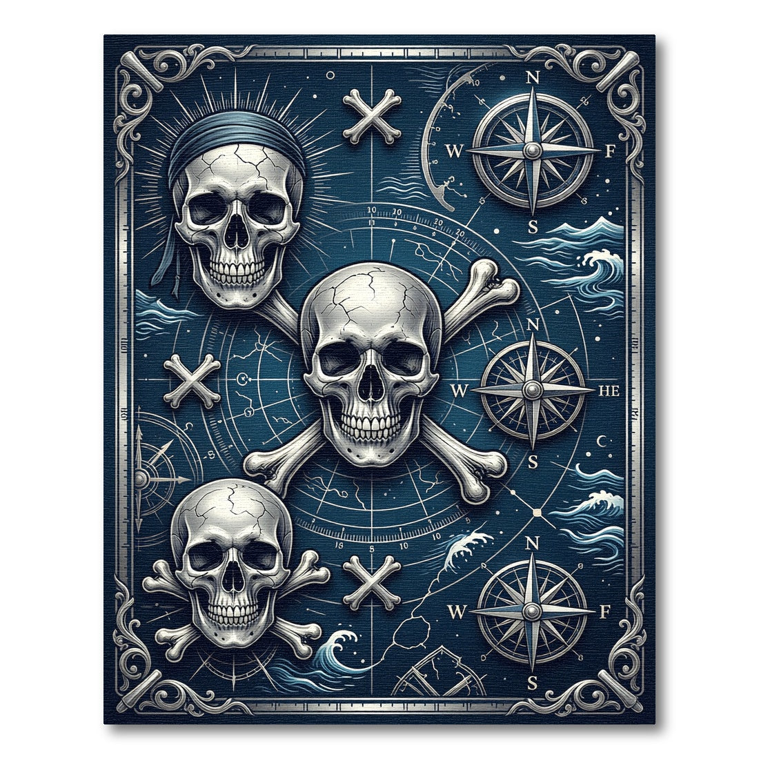 Midnight Nautical Skull Compass Maritime Map Rug