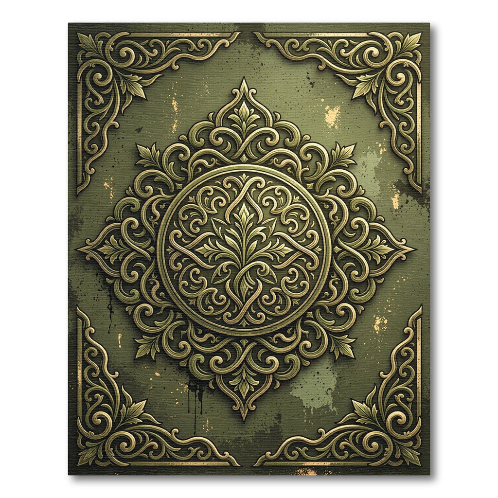 Ornate Sage Green Damask Medallion Rug