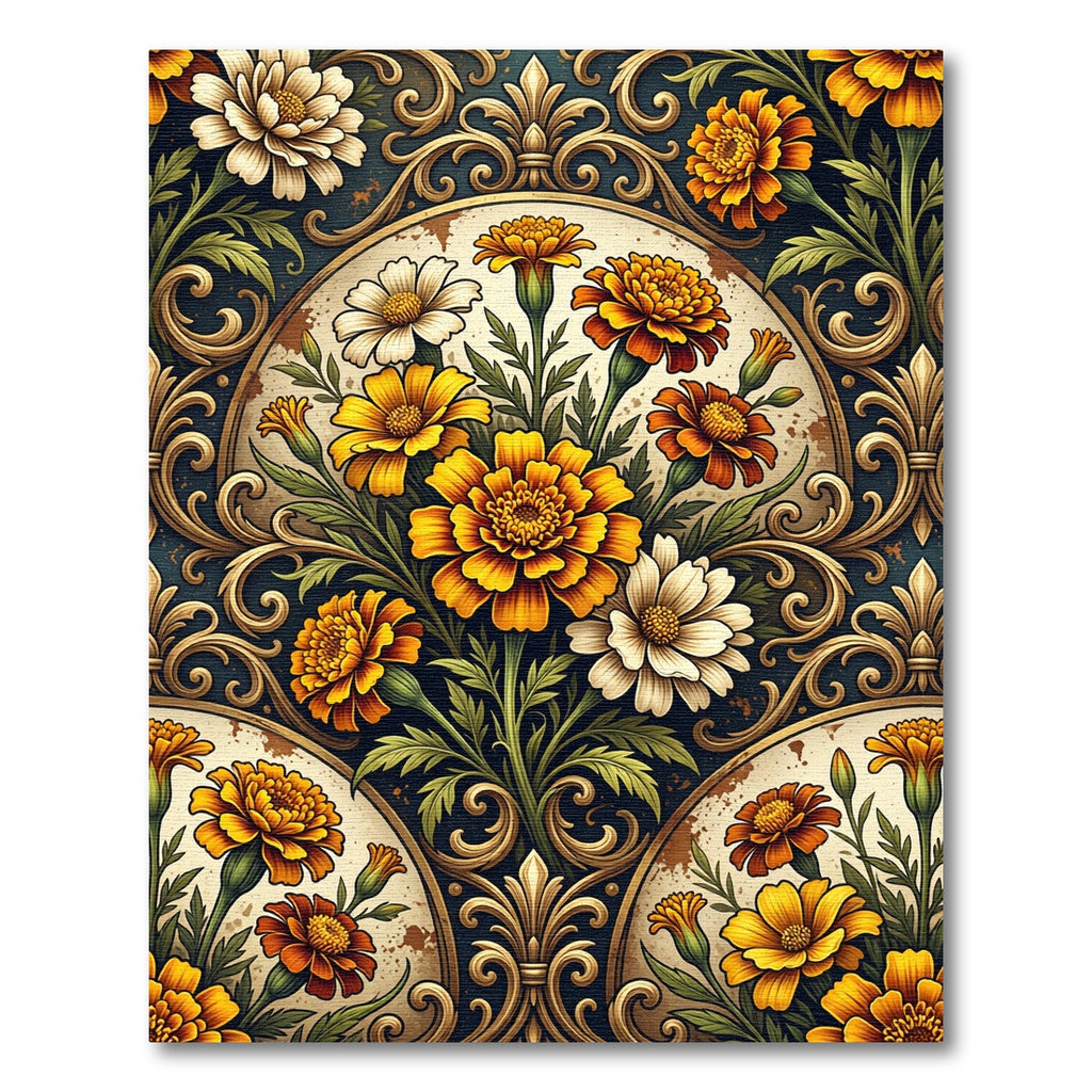 Golden Marigold Floral Scroll Damask Rug