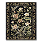 Ornate Black Floral Peony Lotus Rug