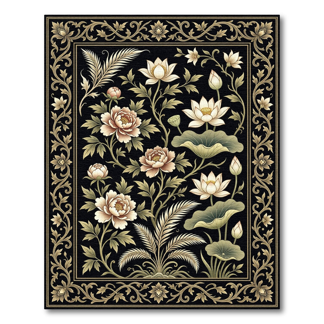 Ornate Black Floral Peony Lotus Rug