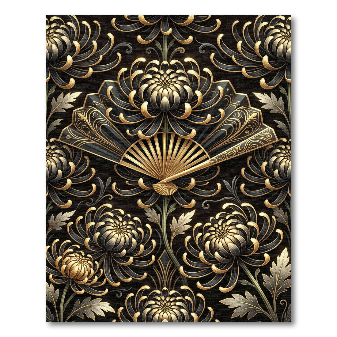 Elegant Gold and Charcoal Chrysanthemum Fan Rug