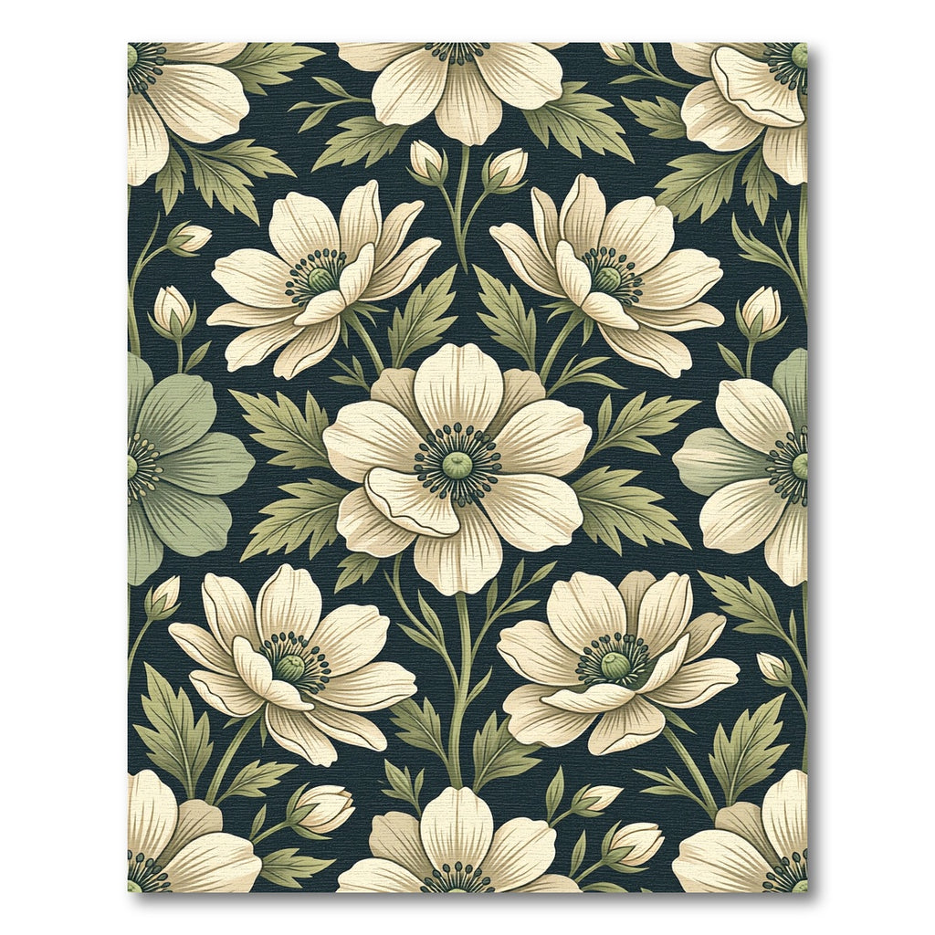 Cream Anemone Botanical Dark Sage Floral Rug