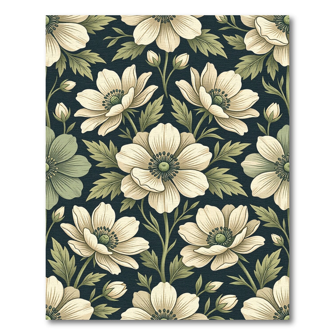 Cream Anemone Botanical Dark Sage Floral Rug