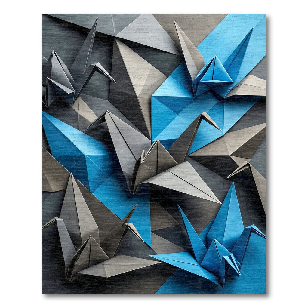 Geometric Blue and Gray Origami Crane Rug
