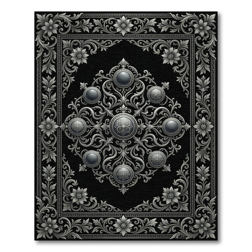 Sleek Gray Filigree Medallion Border Rug