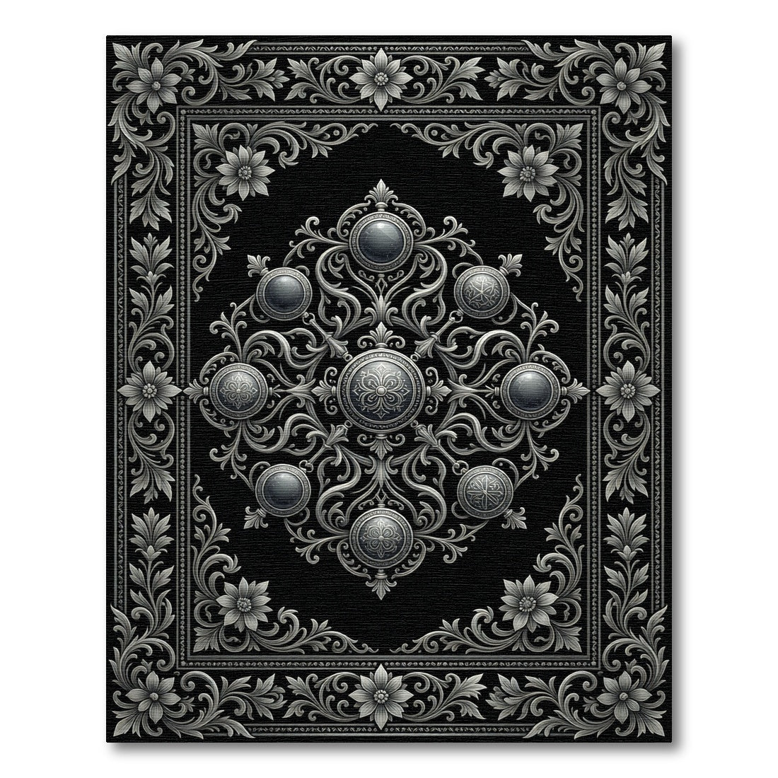 Sleek Gray Filigree Medallion Border Rug
