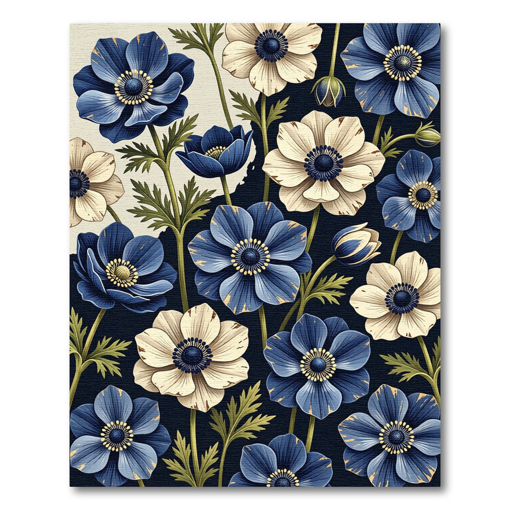 Elegant Navy and Cream Floral Anemone Rug