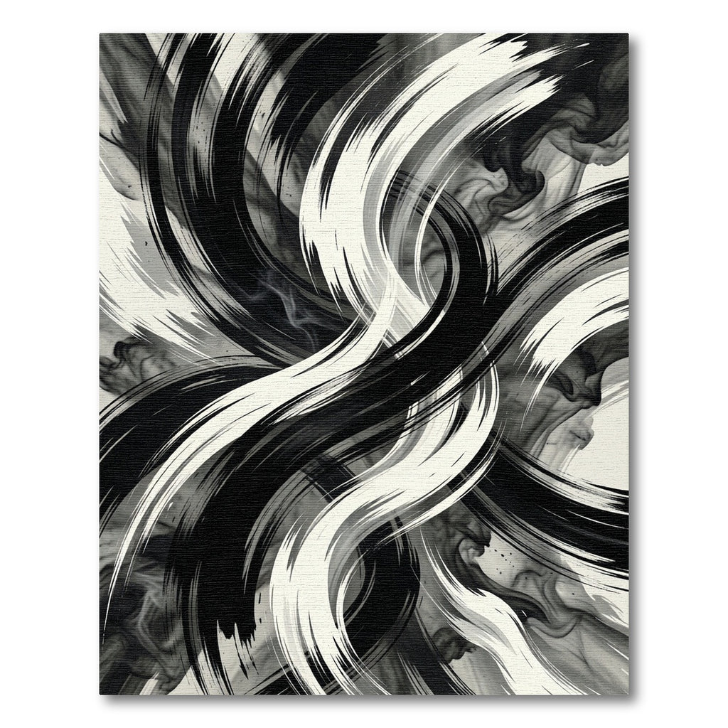 Bold Black White Swirling Strokes Rug