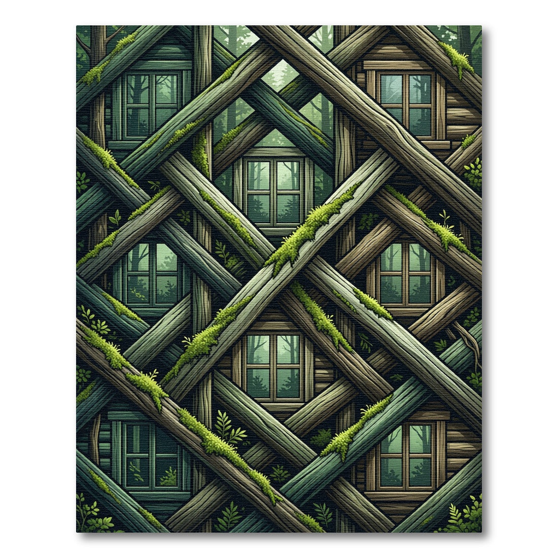 Mossy Forest Log Lattice Geometric Rug