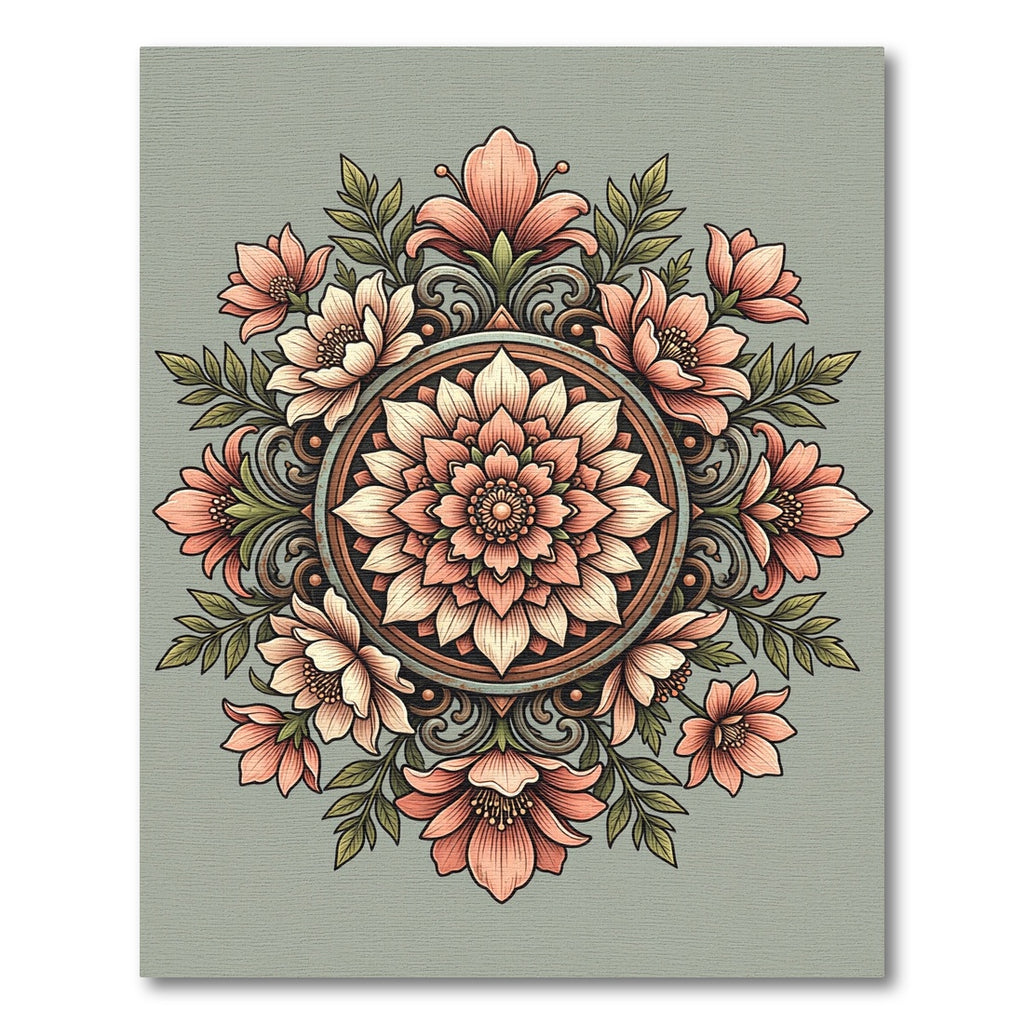 Soft Peach Floral Mandala Medallion Rug