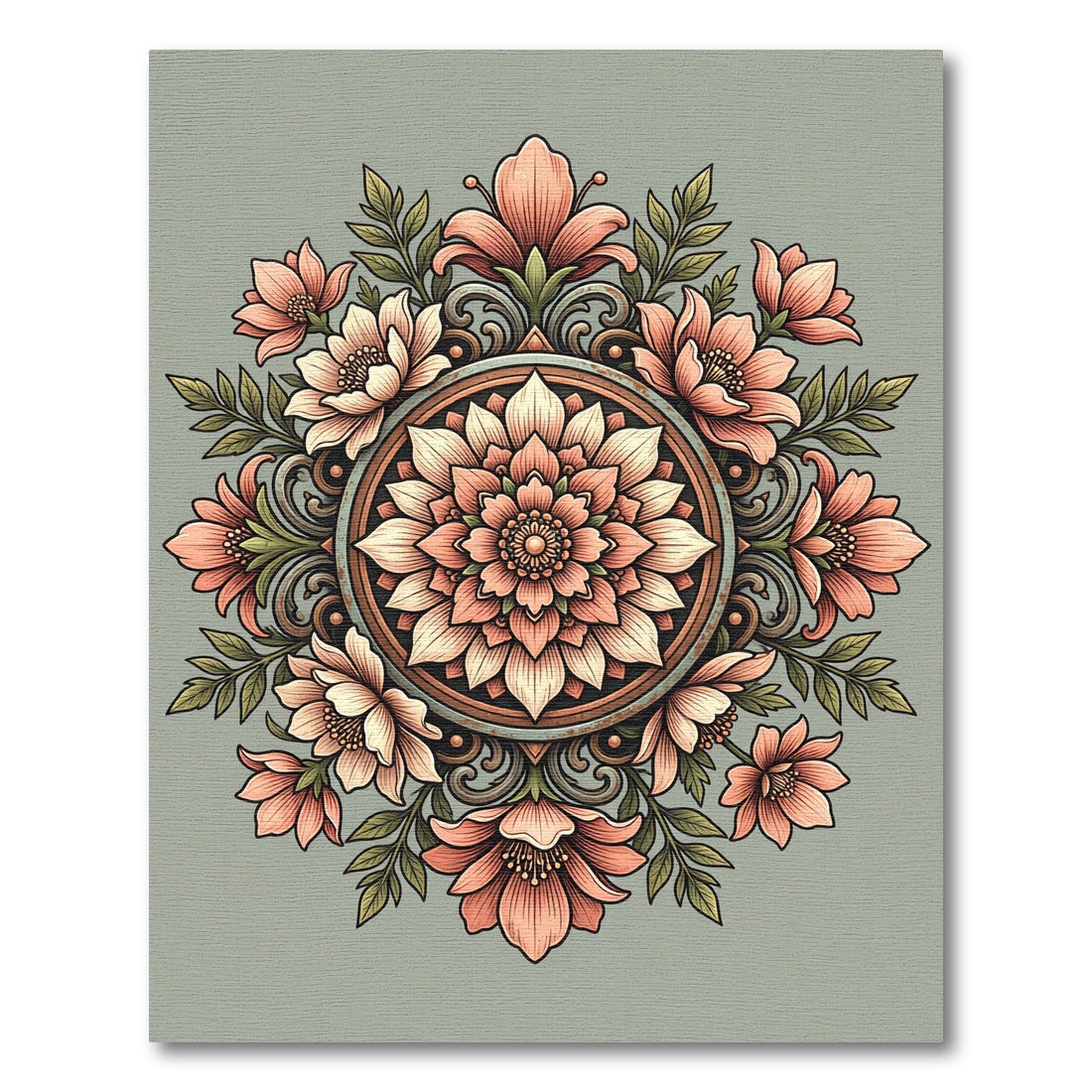 Soft Peach Floral Mandala Medallion Rug