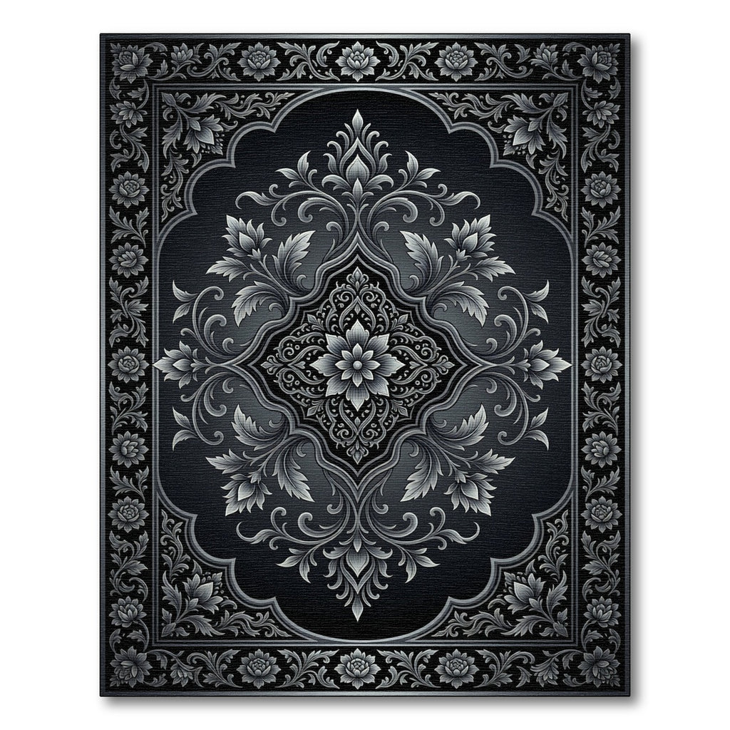 Ornate Silver Floral Damask Medallion Rug