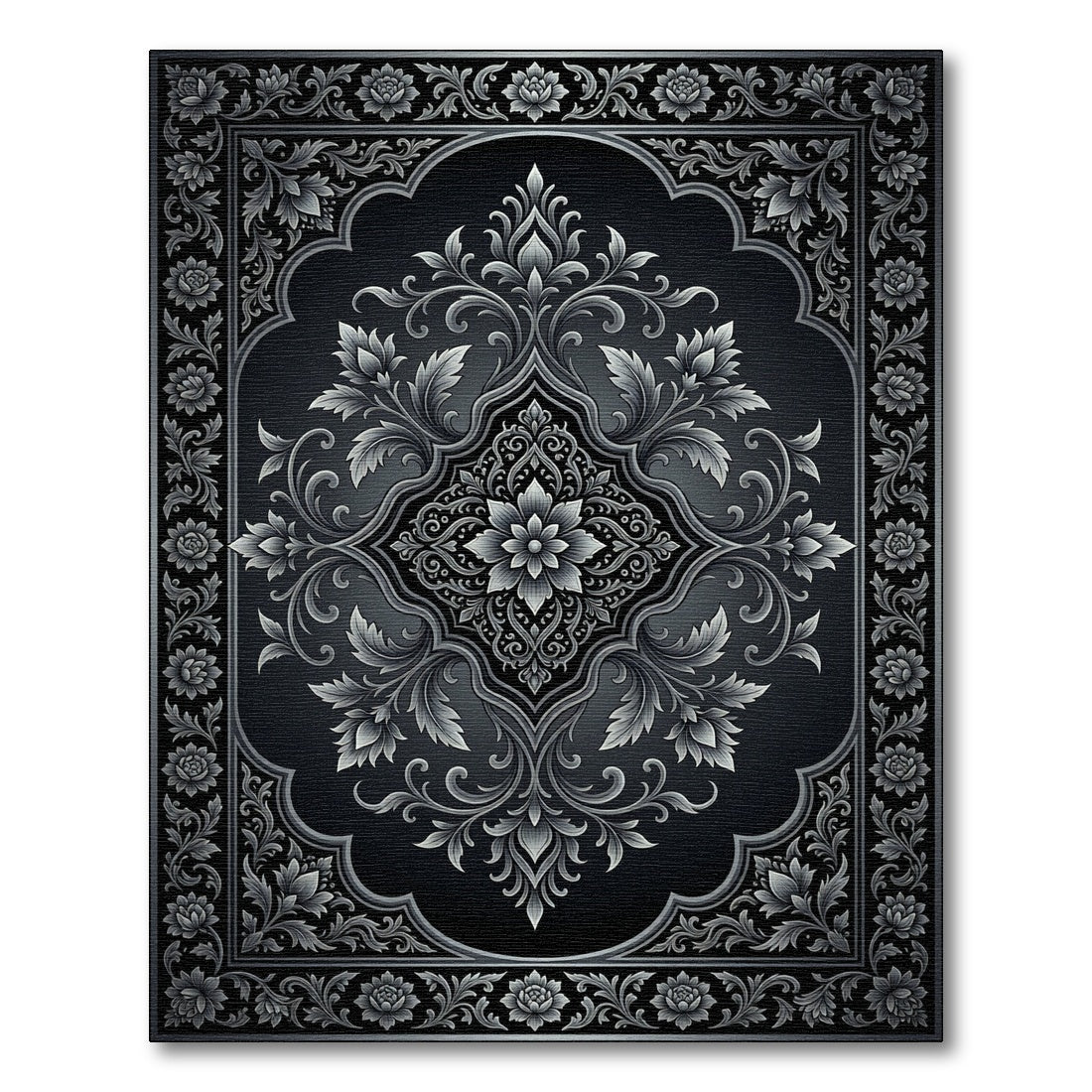 Ornate Silver Floral Damask Medallion Rug