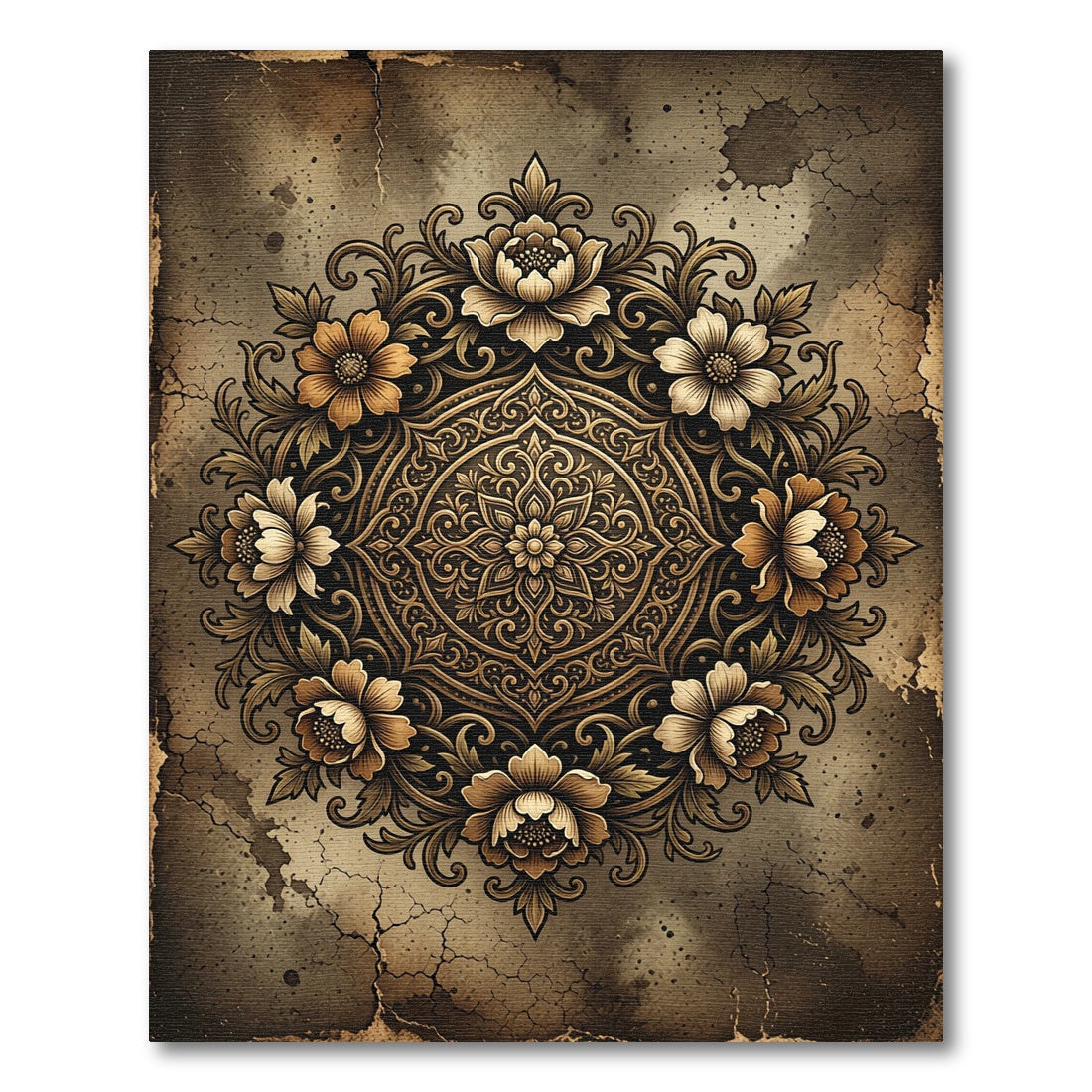 Ornate Sepia Floral Medallion Rug