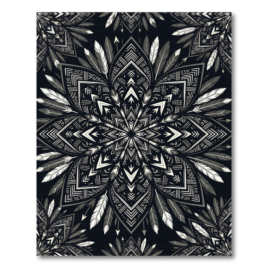 Monochromatic Feather Tribal Mandala Art Rug
