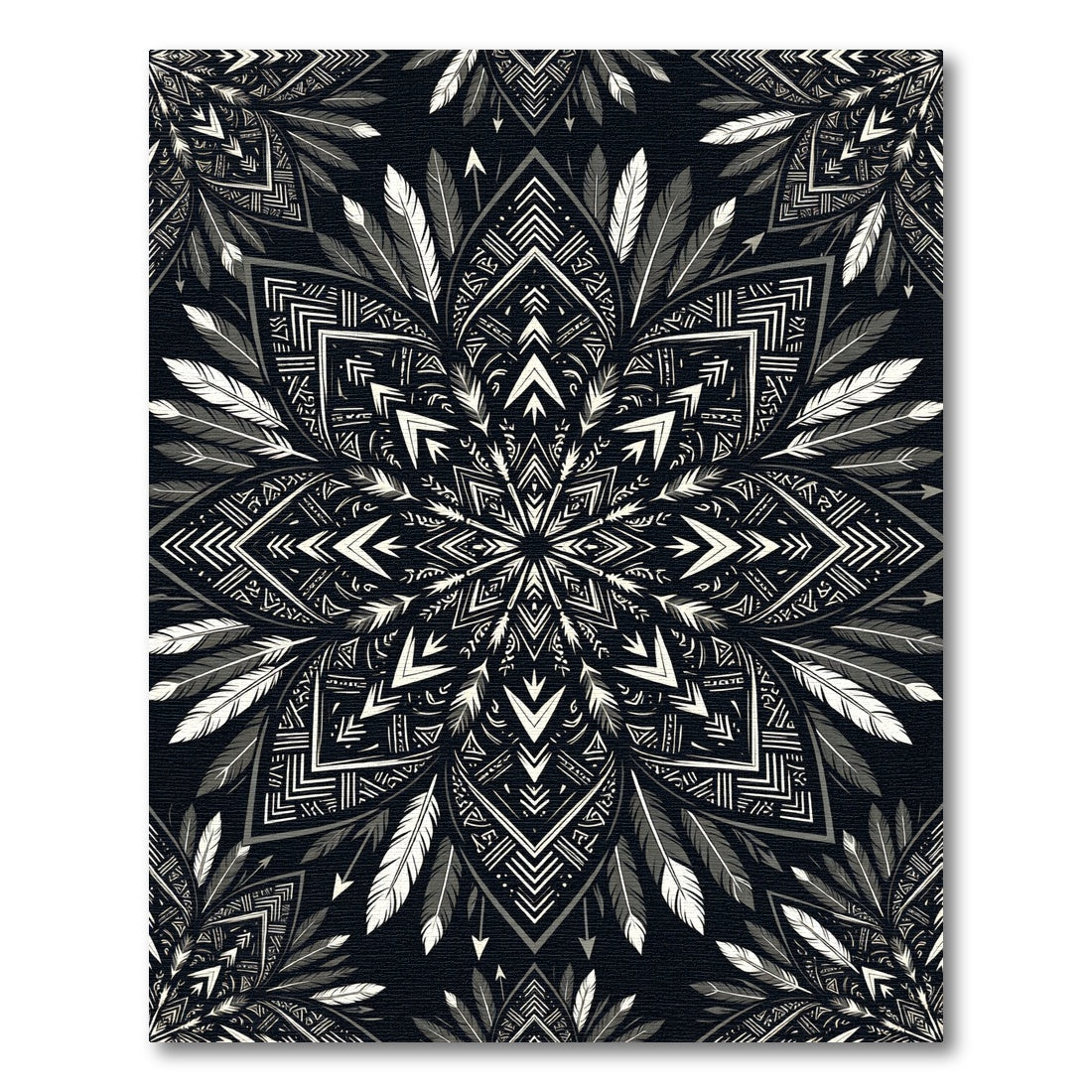 Monochromatic Feather Tribal Mandala Art Rug