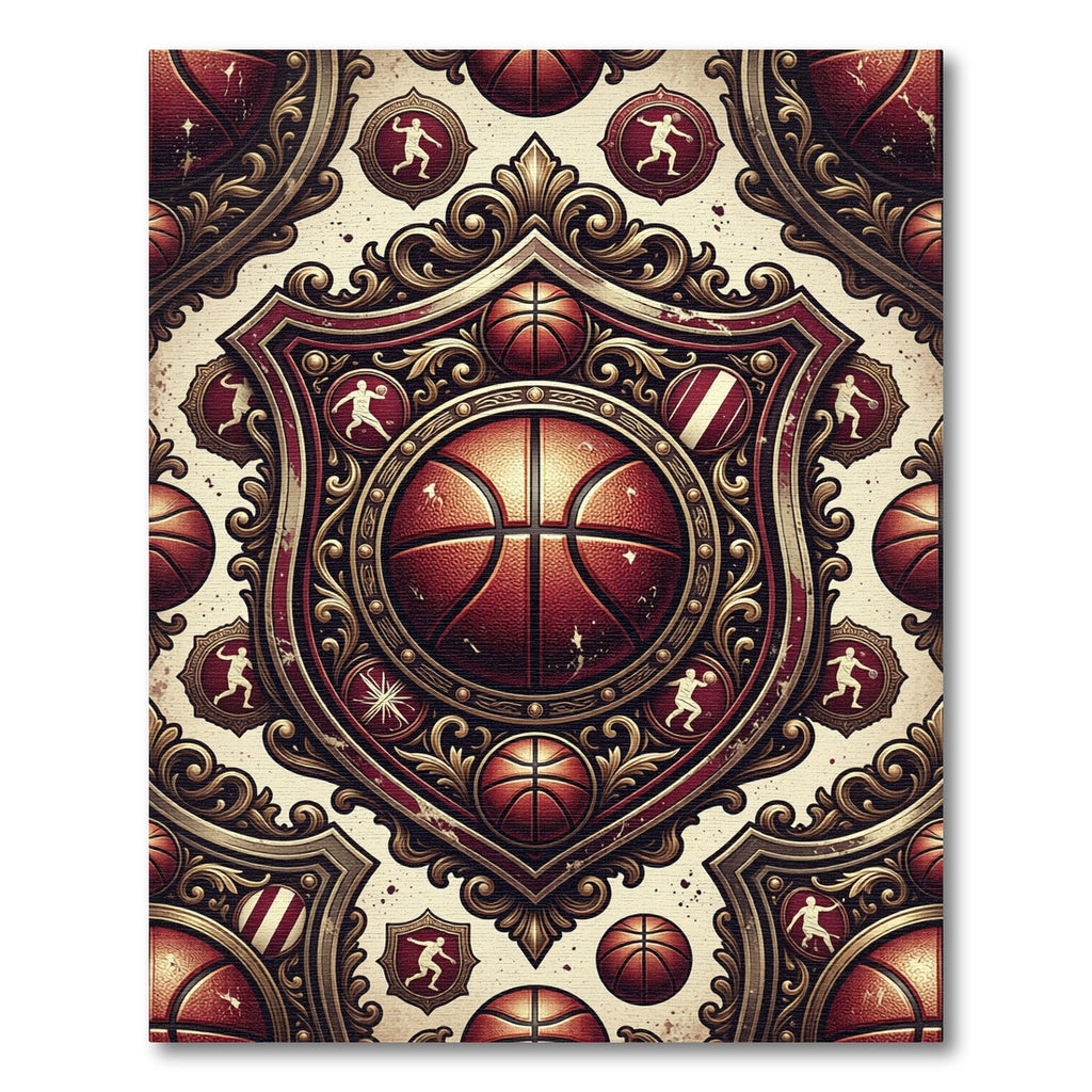 Ornate Basketball Emblem Crest Burgundy Gold Rug