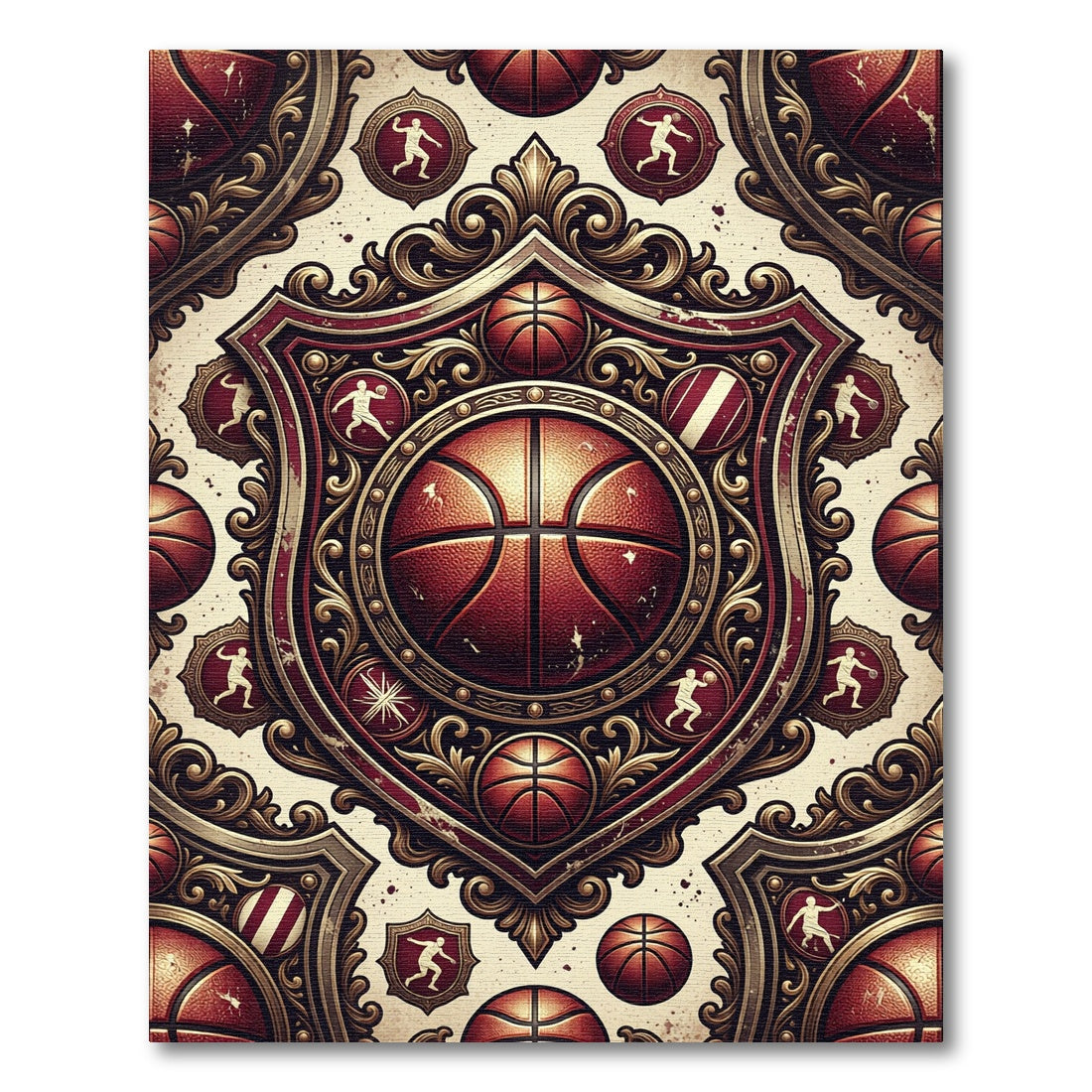 Ornate Basketball Emblem Crest Burgundy Gold Rug
