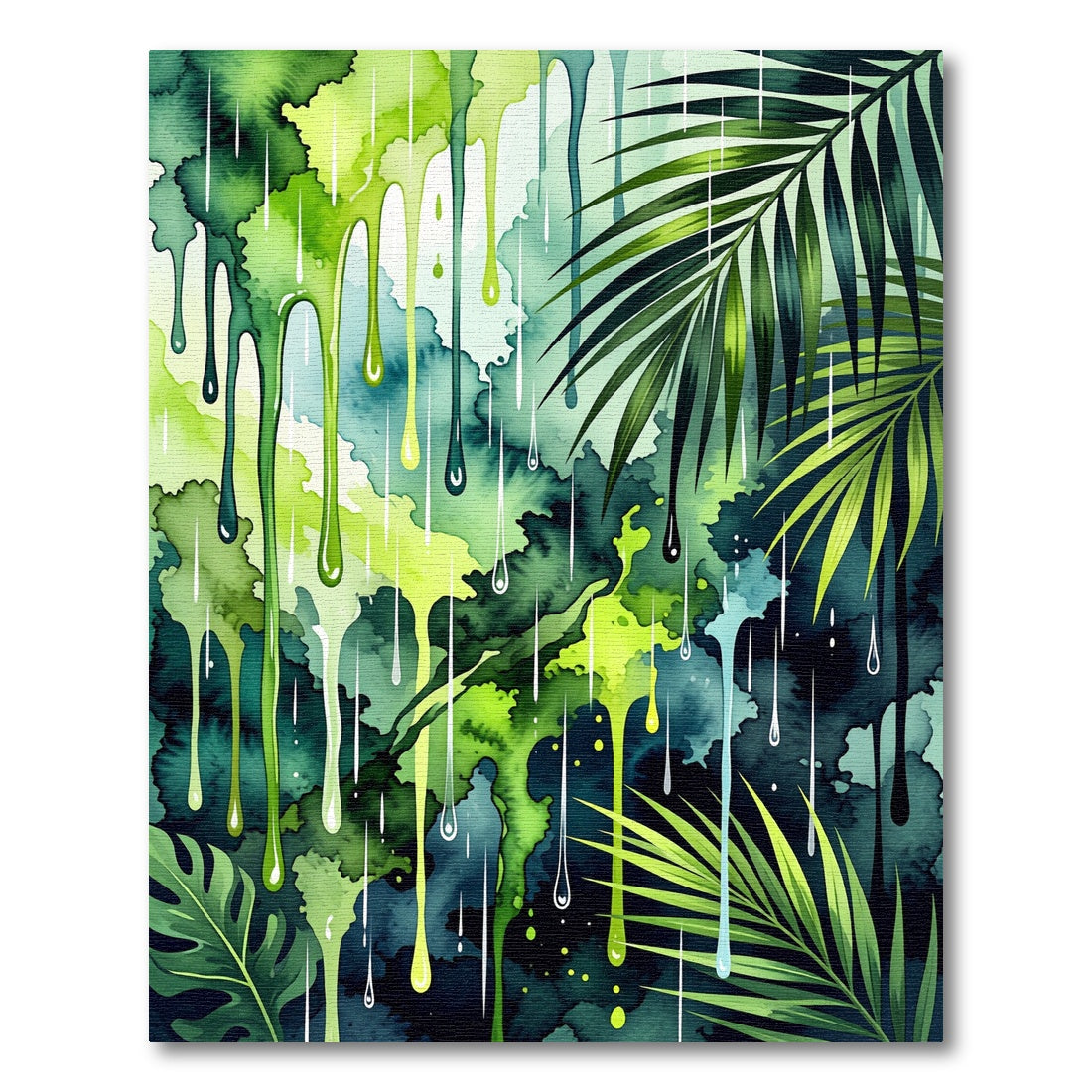 Green Drips Tropical Leaves Watercolor Rug