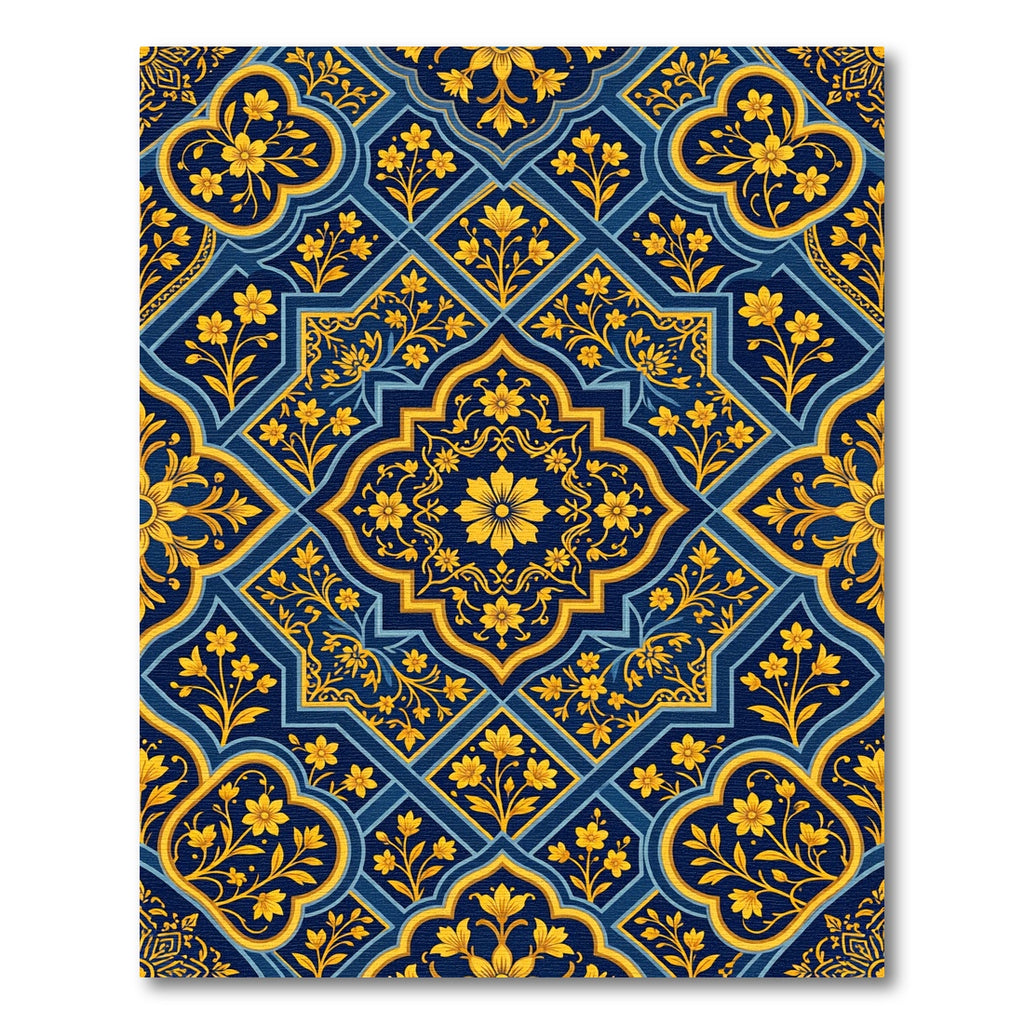 Deep Blue Golden Floral Geometric Arrangement Rug