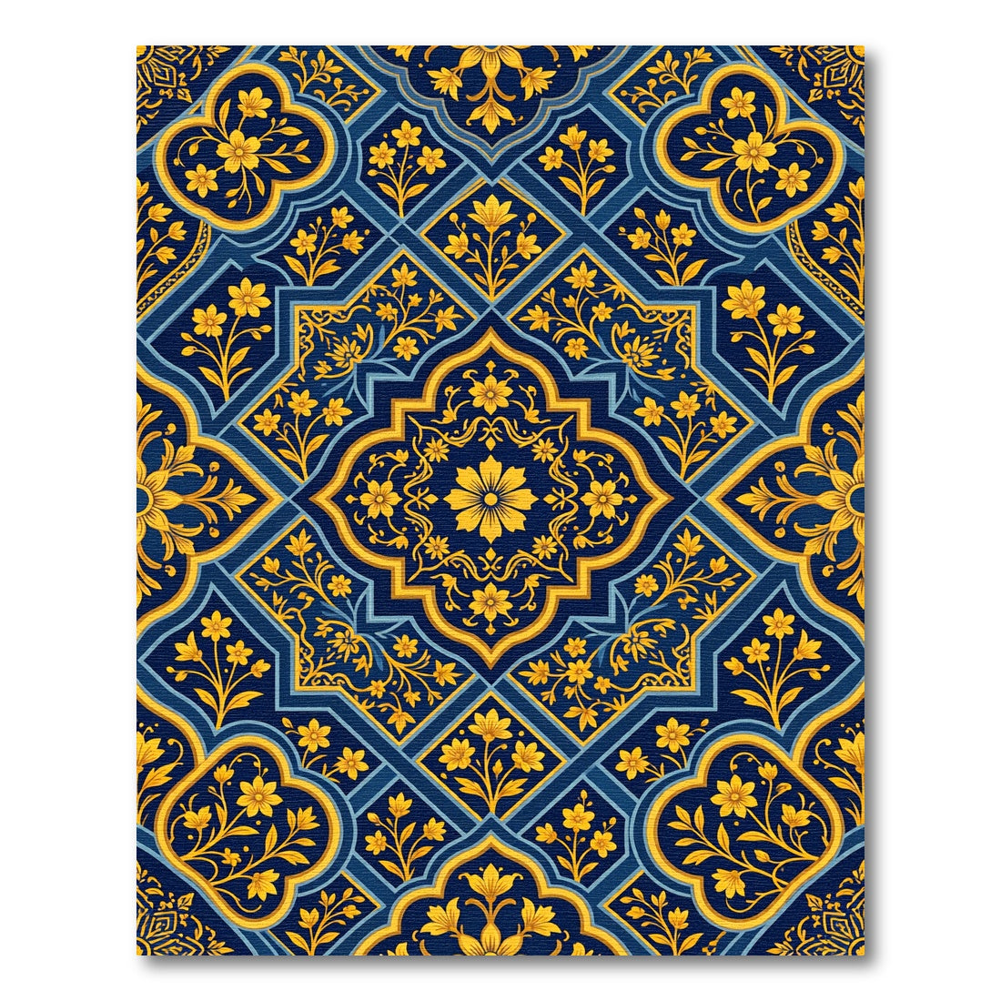 Deep Blue Golden Floral Geometric Arrangement Rug