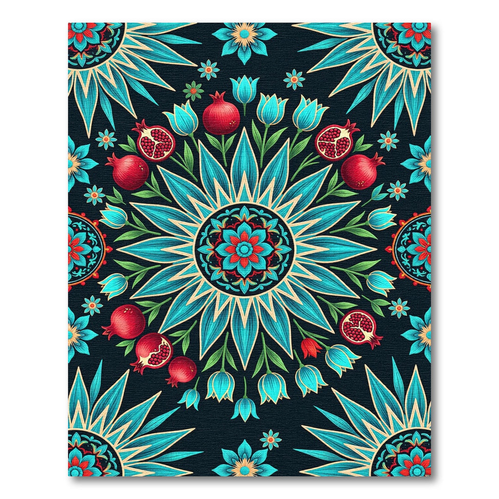 Teal Botanical Pomegranate Floral Medallion Rug