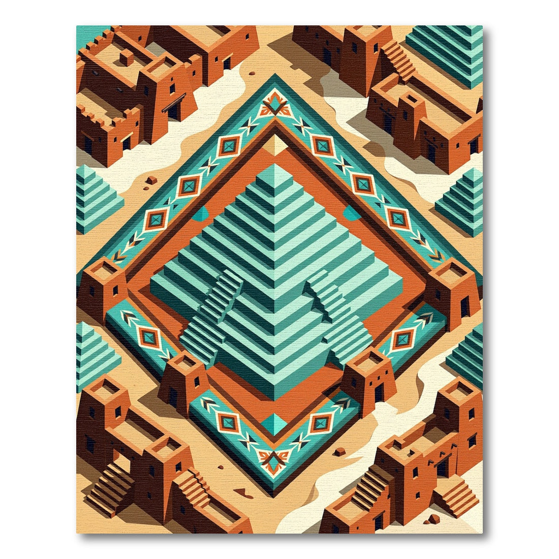 Terracotta Tribal Geometric Aztec Pyramid Rug