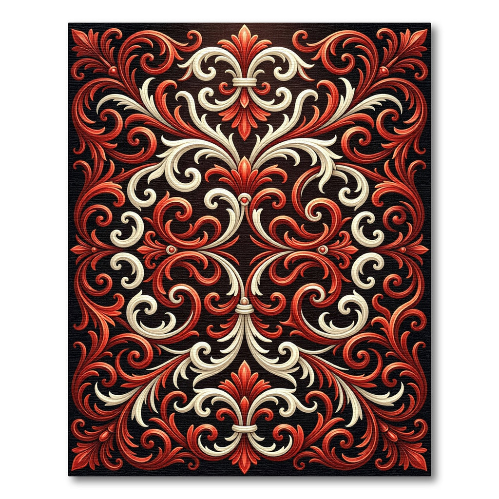 Ornate Crimson and Cream Baroque Scroll Rug