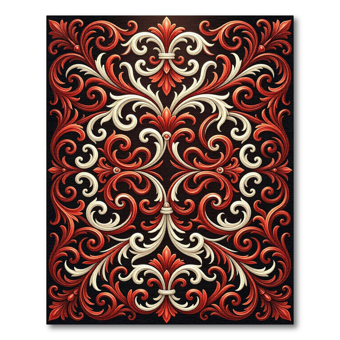 Ornate Crimson and Cream Baroque Scroll Rug