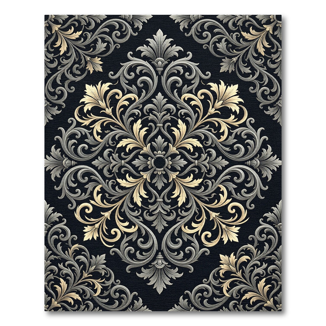 Ornate Gold and Gray Damask Rug